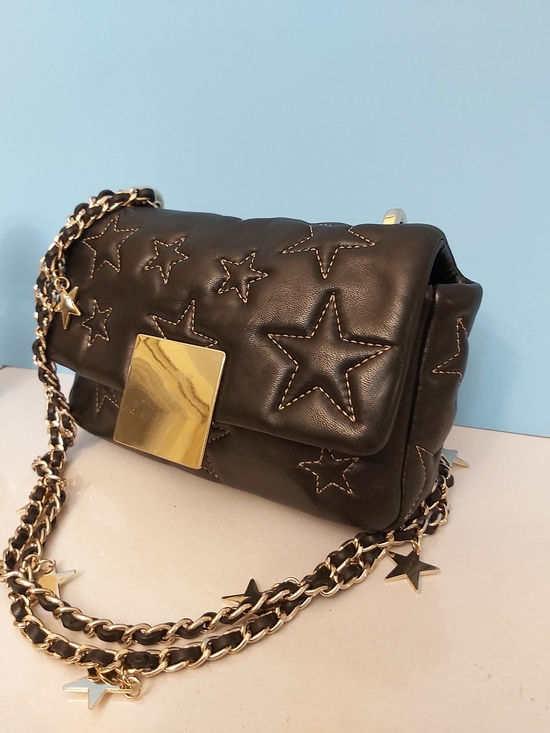 Handbags - Black Star-Accent Quilted Leather Shoulder Bag with Gold Chain
